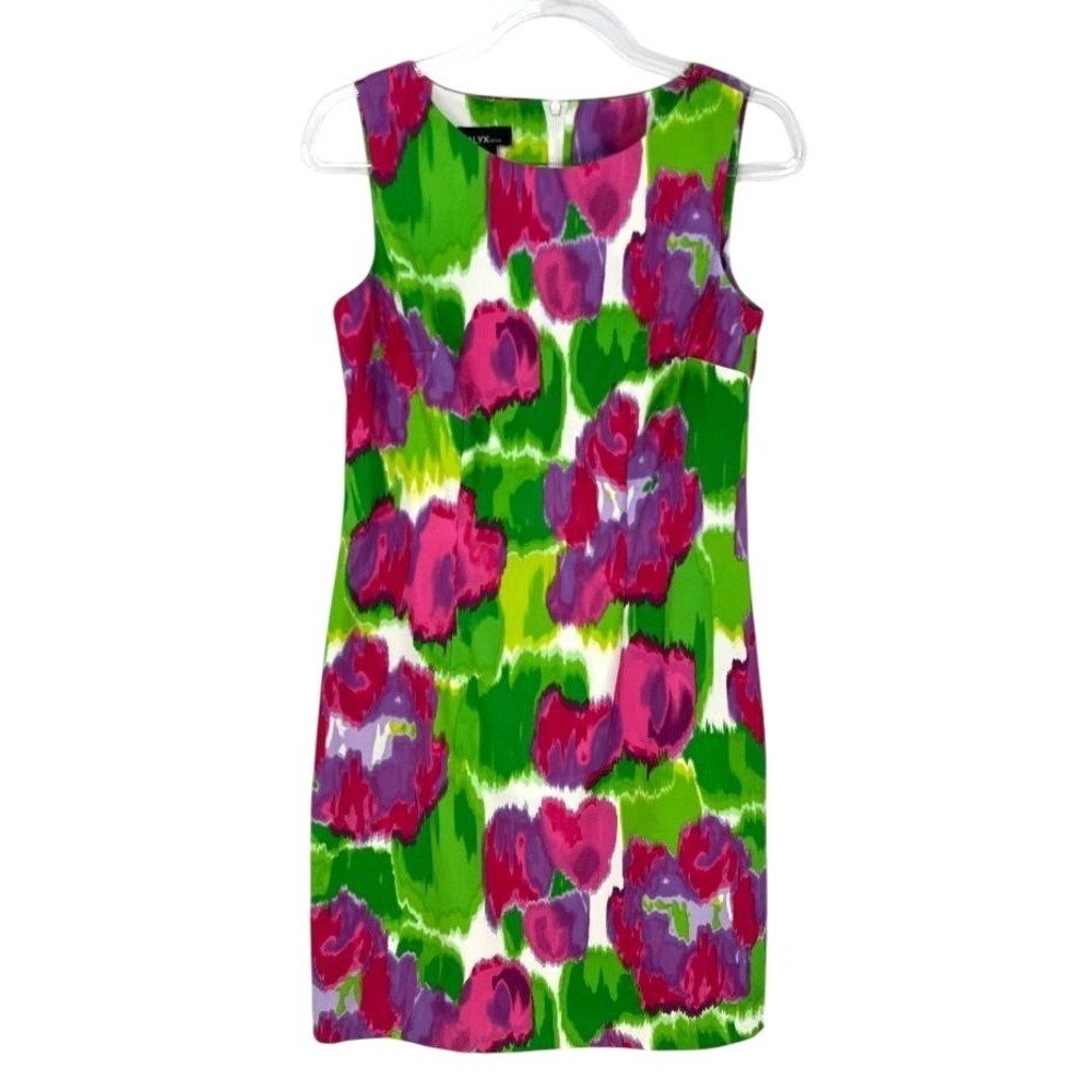 Bright Floral Sheath Dress 8 Pink‎ Green Sleeveless Knee Length Dopamine Artsy